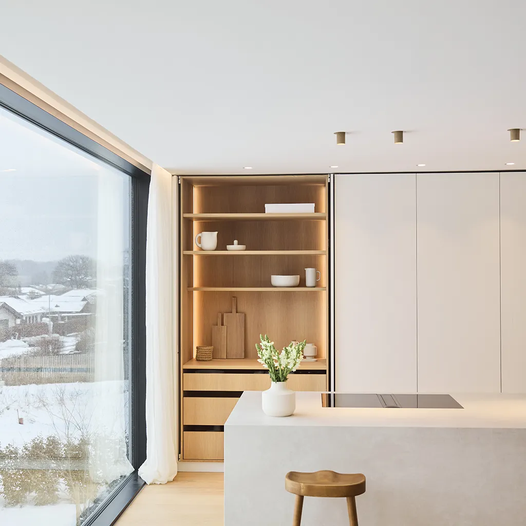 Smooth acoustic ceiling with integrated spotlights in a minimalist functionalist villa in Zealand, Hz Basic 001 and Hz Acoustic Plaster 03