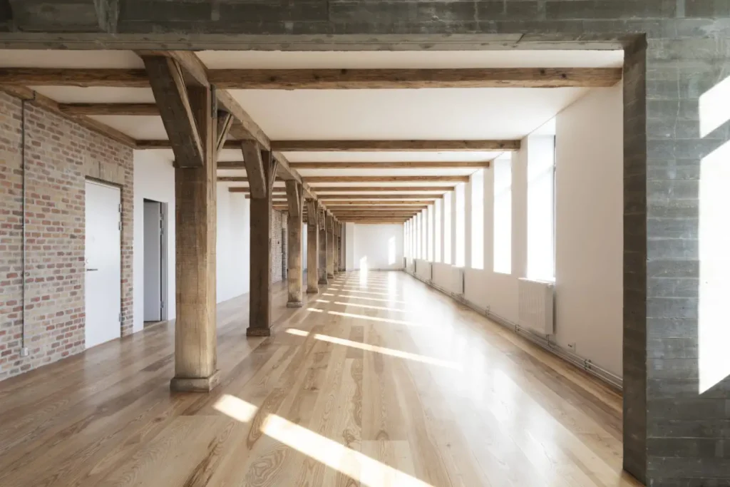 Smooth acoustic ceiling between exposed beams in a showroom at Kuglegården in Copenhagen – Hz Basic 001 with Hz Acoustic Plaster 03