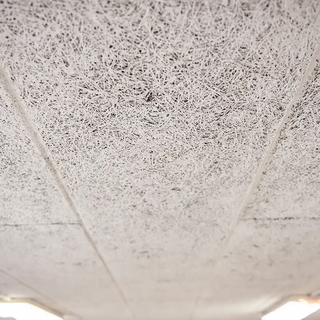 Wood wool ceiling renewed with Hz Acoustic Plaster 09 in an office at Borrevejlecentret in Kirke Såby – Hz Renovare